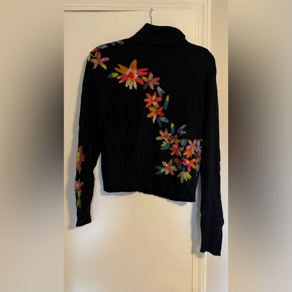 Colorful Floral Embroidered Black Sweater